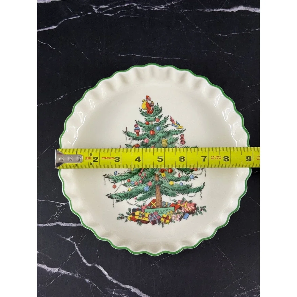 VTG Spode England Christmas Tree 9in Ruffled Fluted Tart Quiche Dish MINT!